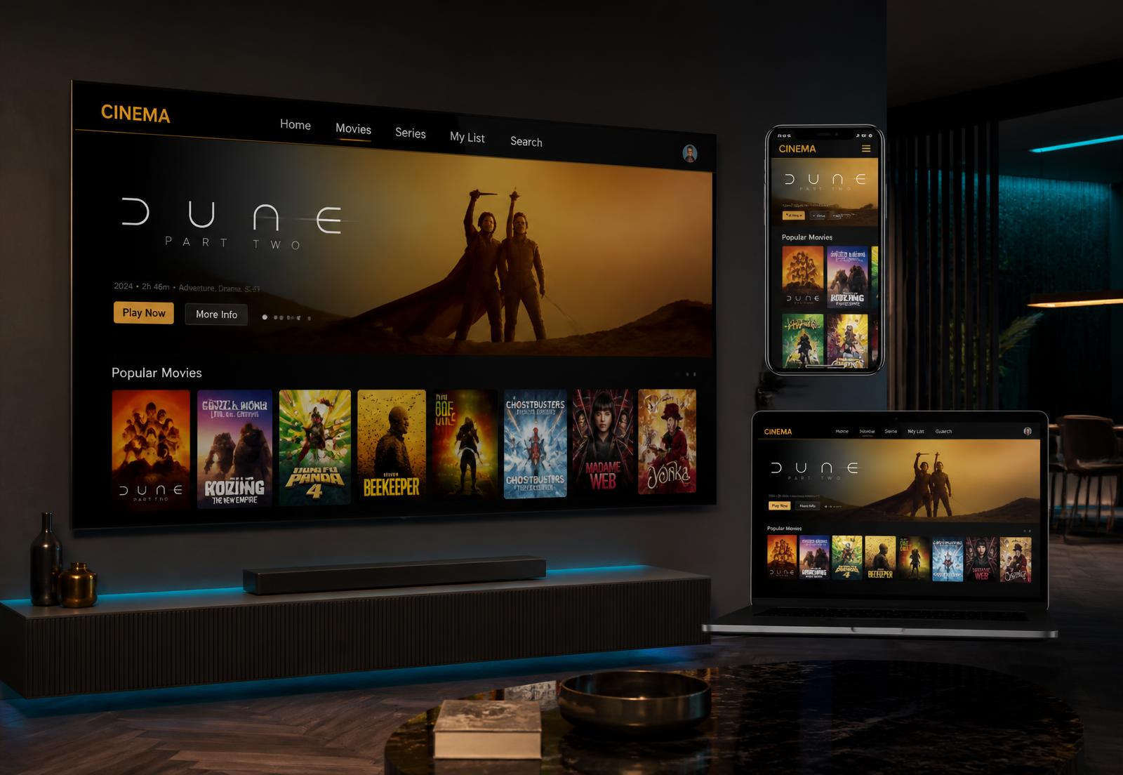 App Max Vision rodando em Smart TV, celular e notebook